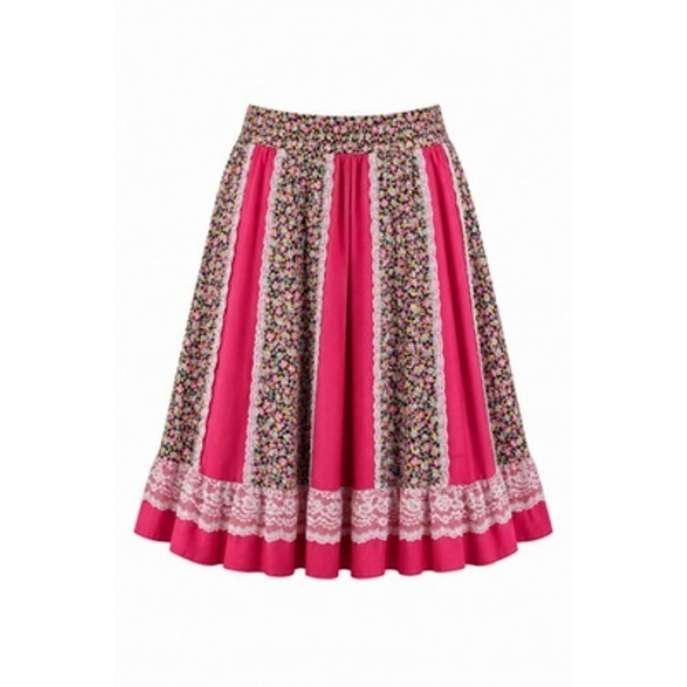 Cottagecore Square Dance Skirt Floral Lace Peasant SZ M Pink Ruffle Boho Elastic